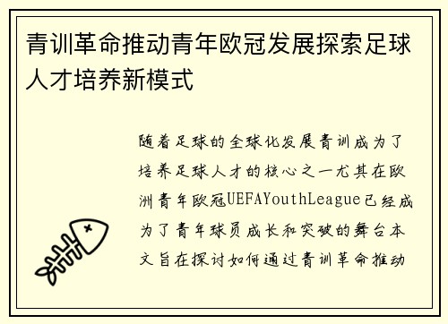 青训革命推动青年欧冠发展探索足球人才培养新模式