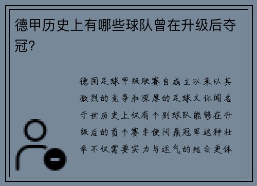 德甲历史上有哪些球队曾在升级后夺冠？