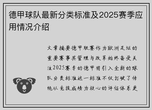 德甲球队最新分类标准及2025赛季应用情况介绍